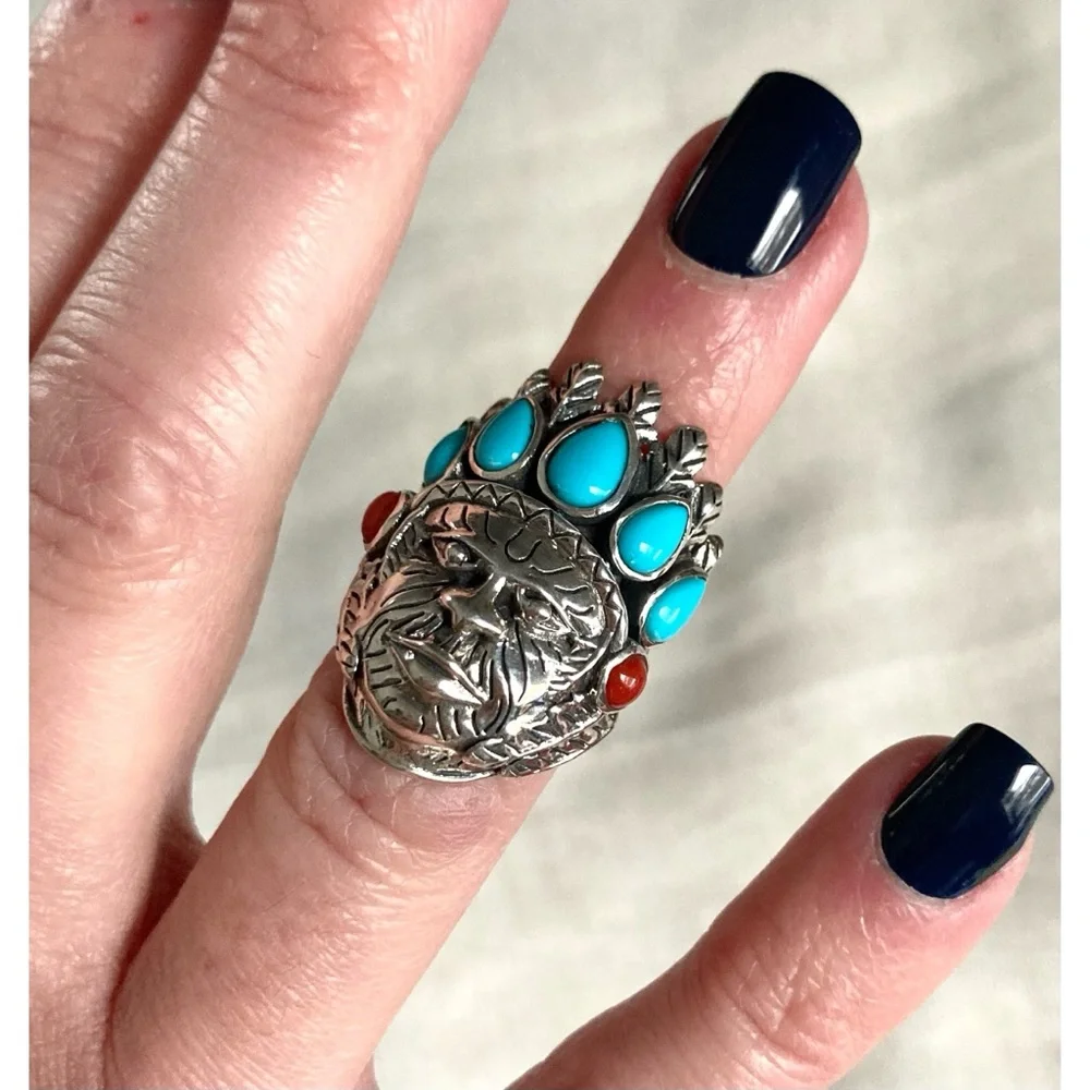925 Sleeping Beauty Turquoise & Coral Ring Chief w/ Headdress Sterling Silver - Picture 4 of 10